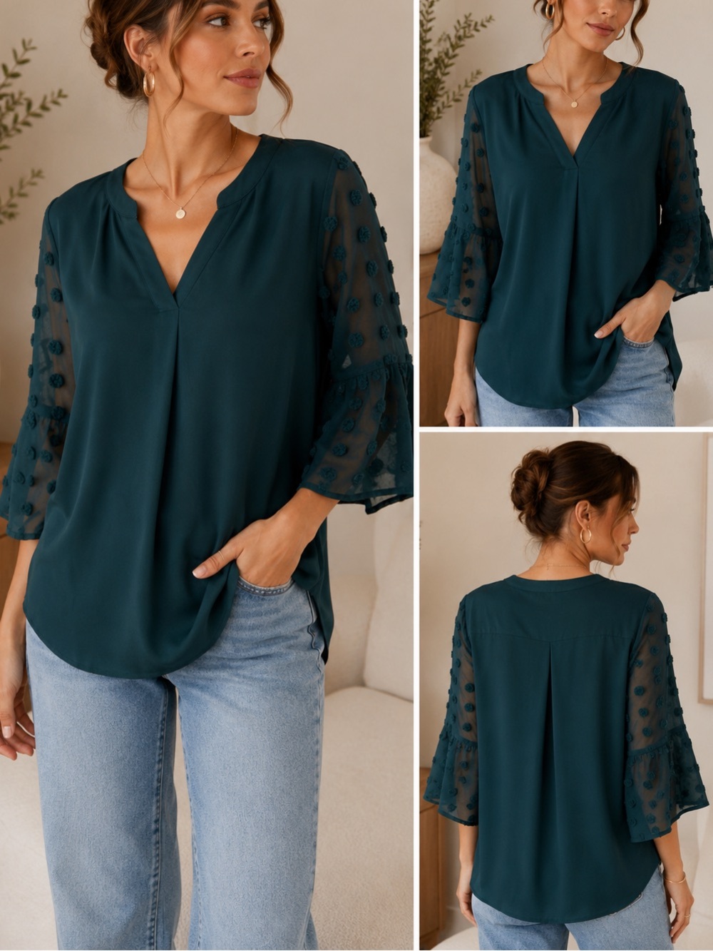 Classic V-Neck Dot-Sleeve Blouse - Teal